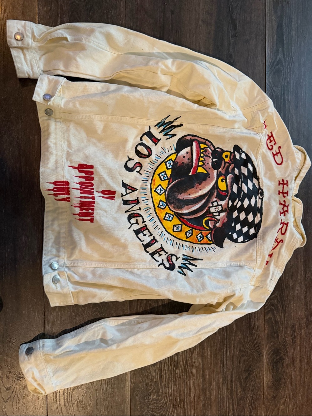 Custom Painted White Denim Jacket with Colorful Graphic